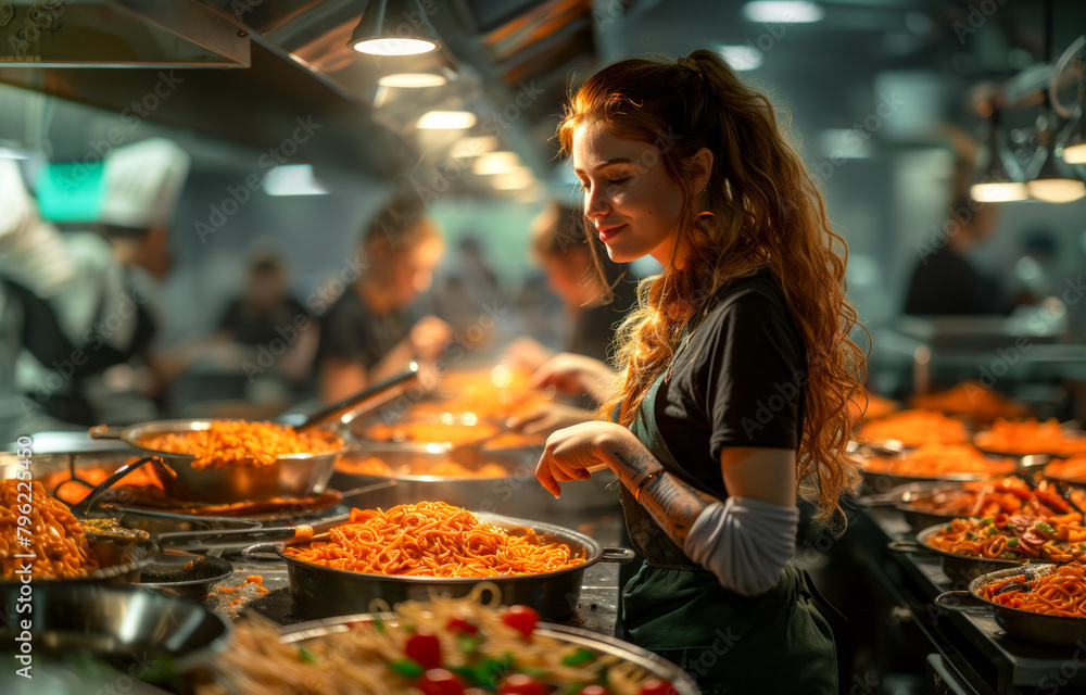 Obraz premium Woman standing in kitchen with lots of food on the counter and people in the background.