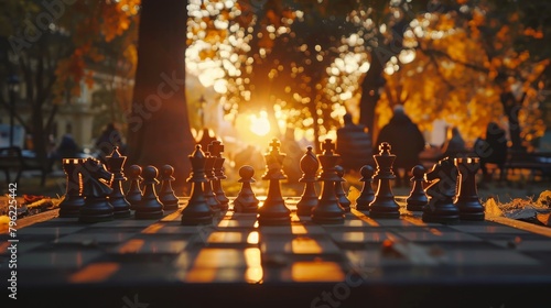 Chess pieces on a chessboard in an autumn park.