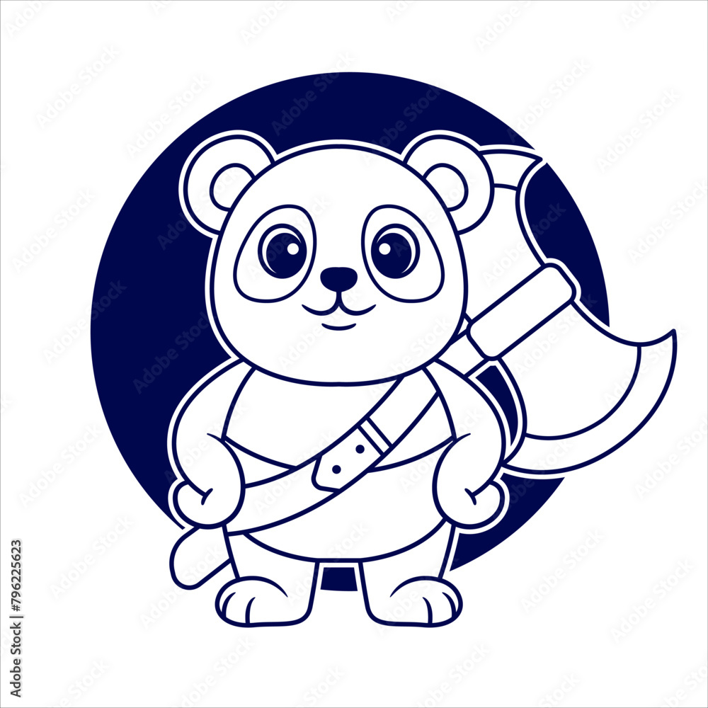 Adorable Panda with Medieval Warrior Style holding Giant Axe. Outline Art