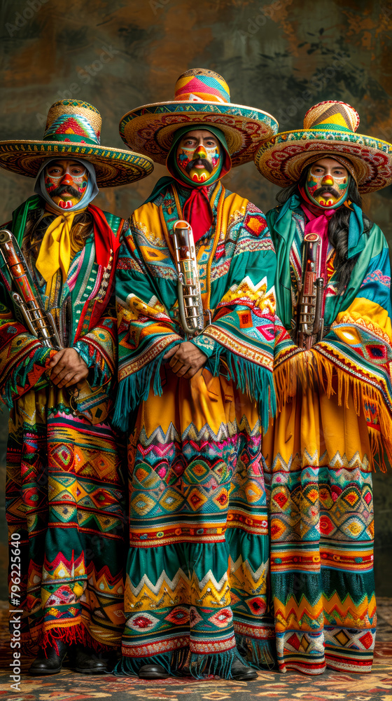 Group of people with painted faces and colorful costumes standing next to each other. Group of people with painted faces and colorful costumes standing next to each other.