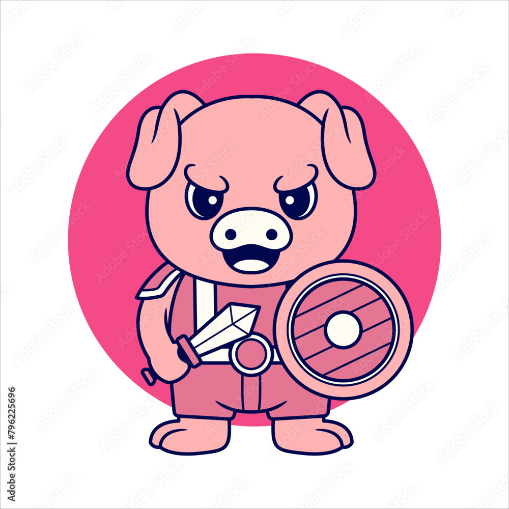 Obraz premium Adorable Pig with Medieval Warrior Costume holding Shield and Sword. Flat Color Style