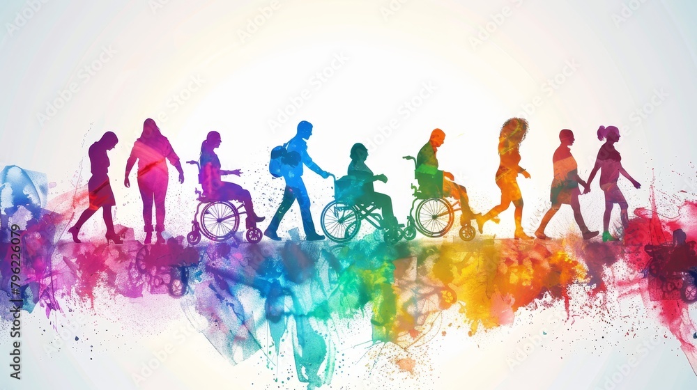 Obraz premium Colorful silhouettes of people with disabilities on a white background