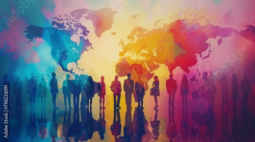 Colorful watercolor painting of the world with people standing in front of it. photo