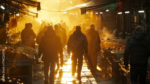 Crowded wet market with people walking in the golden sunlight