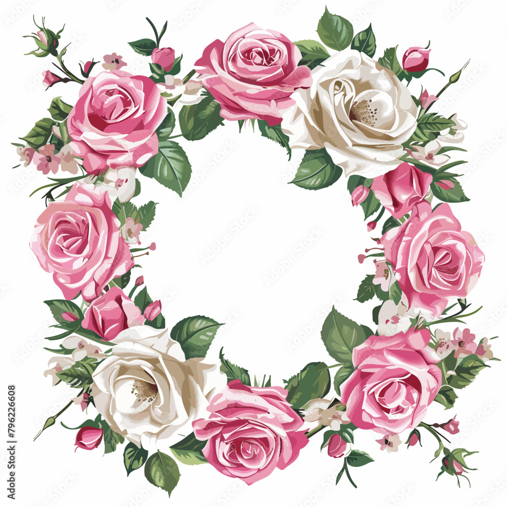 Floral wreath with pink and white roses on a white background