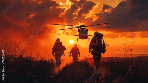Firefighters walking towards a helicopter at sunset photo