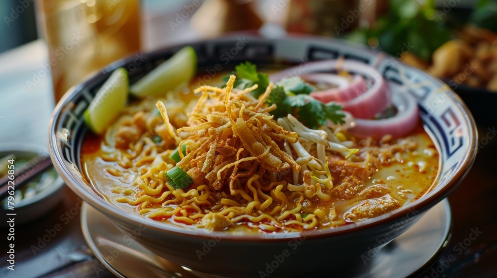 Close-up of a bowl of comforting chicken noodle soup, known as khao soi, garnished with crispy noodles Close-up of a bowl of comforting chicken noodle soup, known as khao soi, garnished with crispy noodles