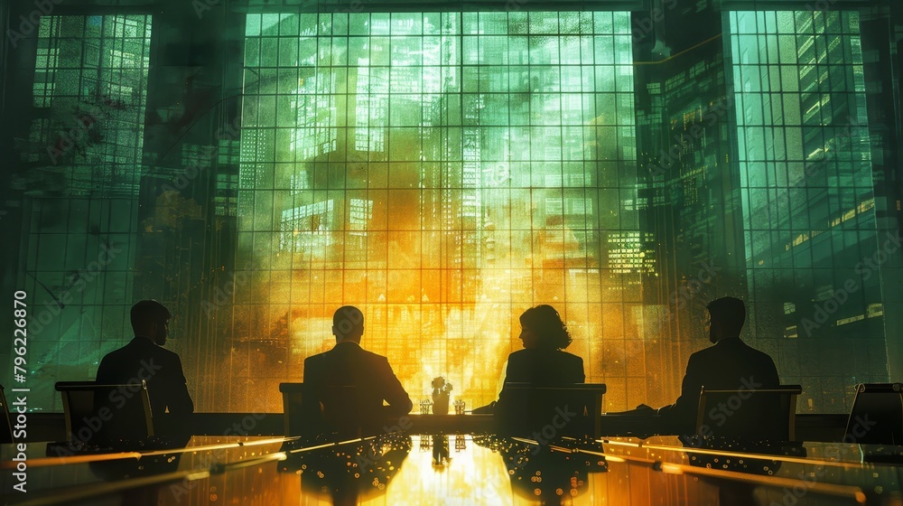 Four people are sitting in a conference room looking at a large screen that displays a futuristic city. Four people are sitting in a conference room looking at a large screen that displays a futuristic city.