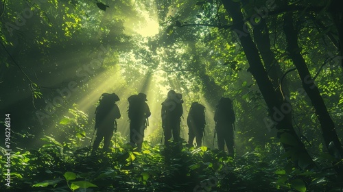 Five people hiking in a lush green forest.