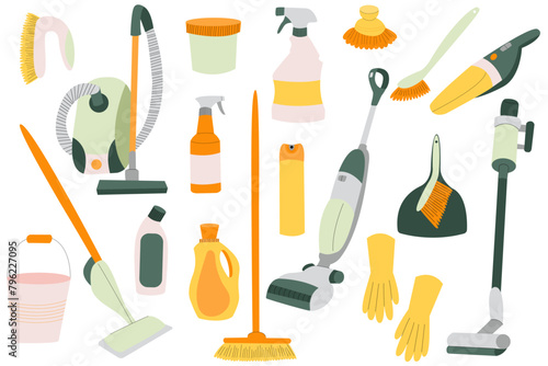 Set of cleaning elements. Household cleaning products. Housework concept.