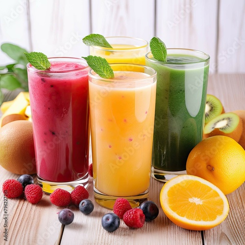  Healthy fruit smoothies on wooden background. Generative AI 