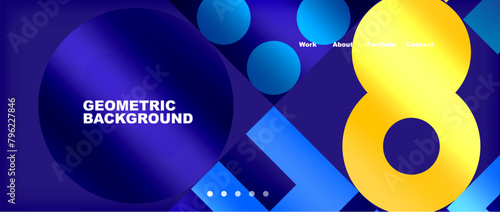 An artistic composition of electric blue and magenta circles and squares on an azure background, creating a symmetrical pattern in a vibrant and eyecatching design