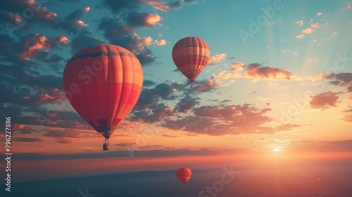 Hot air balloons floating in the sky at sunset.