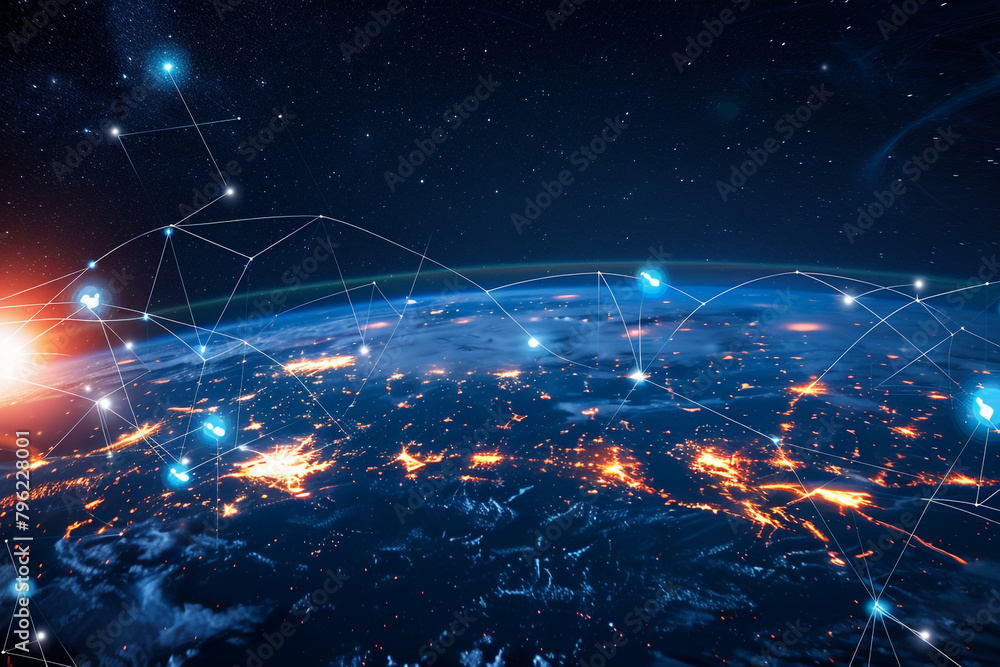Virtual representation of the planet as a digital globe with interconnected nodes and lines highlighting global networking and connectivity Virtual representation of the planet as a digital globe with interconnected nodes and lines highlighting global networking and connectivity