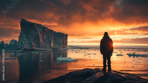 Iceberg in the Arctic sea with a man standing on the shore