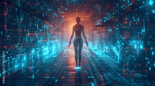 Illustration of a glowing woman walking through a digital landscape. photo