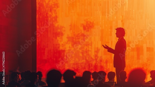 Orange stage with a speaker giving a presentation