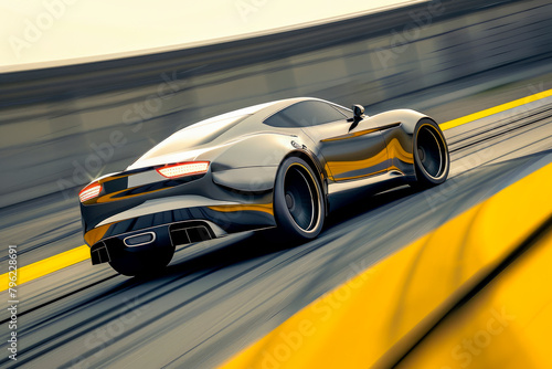 Silver car speeding on a race track with yellow lines. © graja