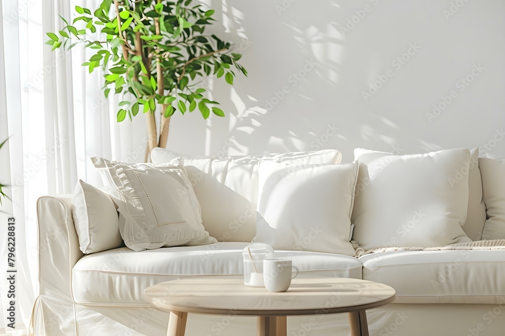 Contemporary White Sofa with Pillows Next to Potted Tree and Coffee Table. Concept Home Decor, Interior Design, Living Room Inspiration, Neutral Colors