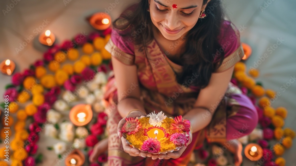 A woman is holding a small candle in a flowery bowl A woman is holding a small candle in a flowery bowl