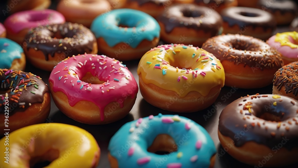 Donuts in multi-colored glaze on a bright background. A work of art from a pastry genius! Donuts in multi-colored glaze on a bright background. A work of art from a pastry genius!