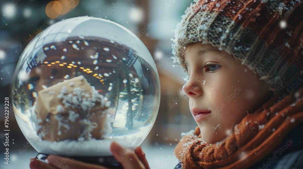 Naklejka premium Wonder on child's face, magical snow globe, transports to winter wonderland, gift unwrapping moment, AI Generative