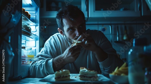 Hungry man in pajamas eating sweet cakes at night near refrigerator, Stop diet and gain extra pounds due to high carbs food and unhealthy night eating photo