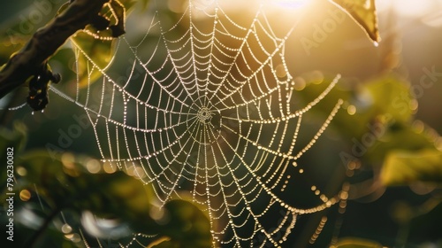 Close-up of a dew-covered spider web shimmering in the morning light of sunrise, showcasing nature's intricacy