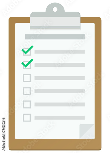 Clipboard with a checklist of which the first 2 checkboxes are validated in flat design style