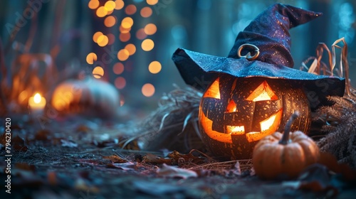 Jack-o'-lanterns glowing on Halloween night with witch hat and rustic autumn décor photo