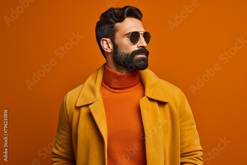 Confident 34 year old spanish man in stylish attire poses in colorful studio setting © Maksym