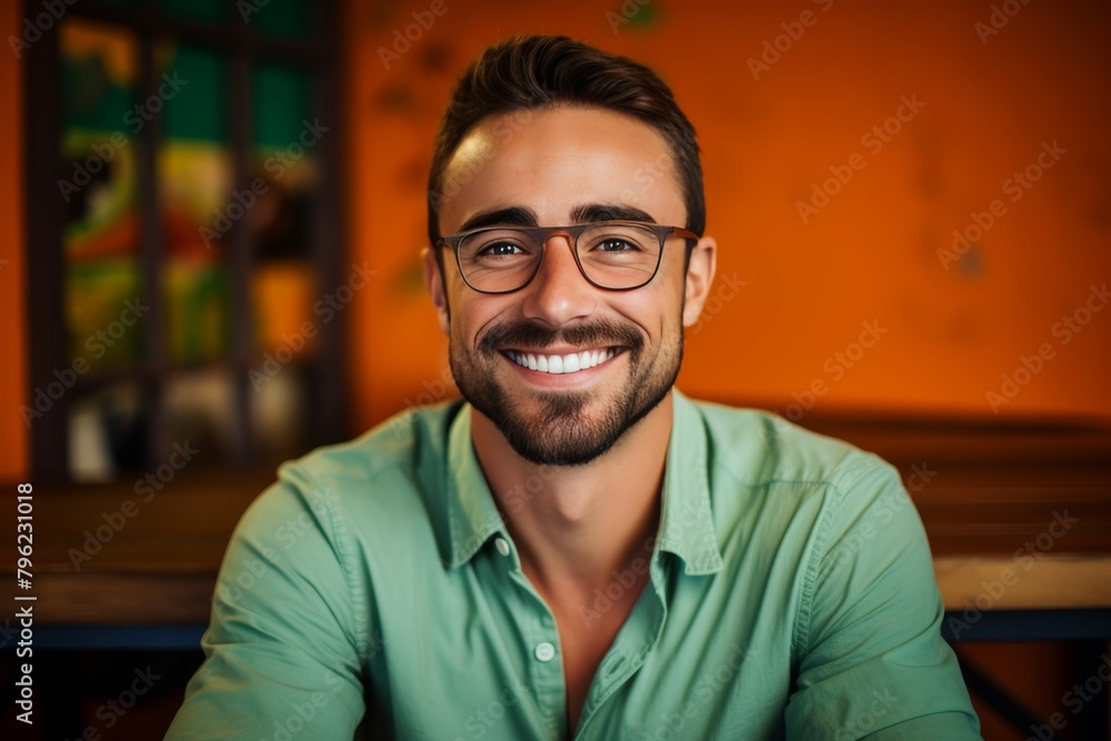 Confident spanish man in colorful studio embracing charm and style with trendy attire and glasses Confident spanish man in colorful studio embracing charm and style with trendy attire and glasses