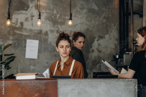 Cafe saleswoman, comfortable in the cafe playing mobile phone women