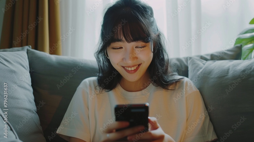 A woman is sitting on a couch and smiling while looking at her cell phone A woman is sitting on a couch and smiling while looking at her cell phone