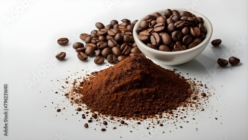 Pile of ground coffee and coffee beans isolated on white background. Ai Generative.