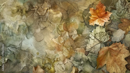 Watercolor wash in earthy tones with overlaying textures of forest leaves