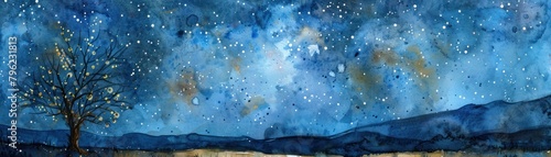 Watercolor depiction of a starry night sky