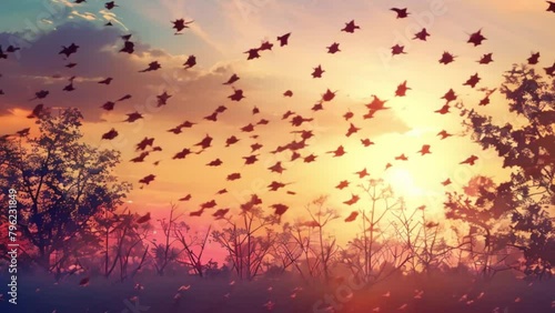 video the sunset is accompanied by birds flying photo