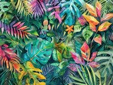 Lush watercolor jungle with overlapping leaves and vibrant wildlife hints