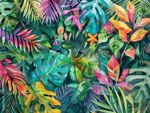 Lush watercolor jungle with overlapping leaves and vibrant wildlife hints