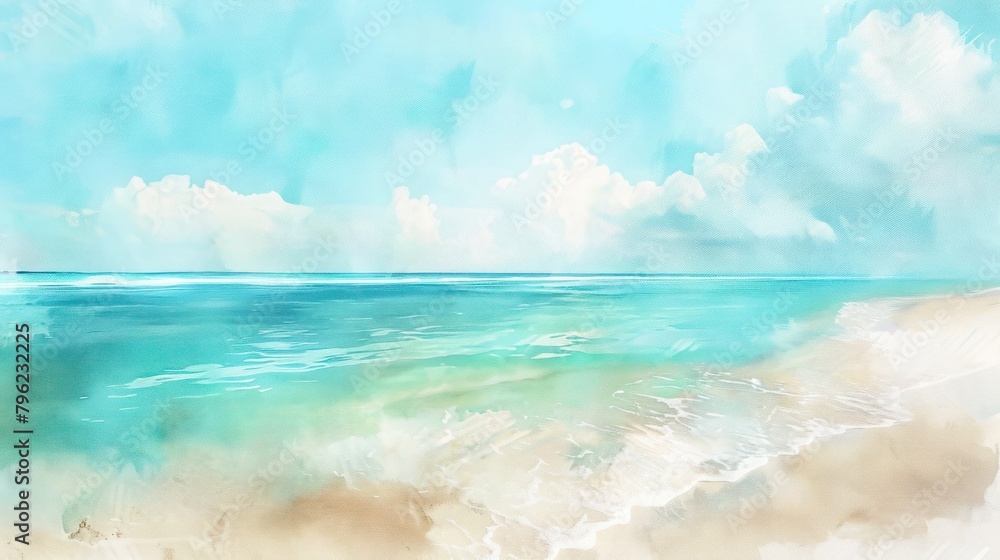A watercolor blur of a tropical beach scene where soft blues and greens merge with sandy tones