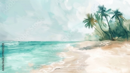 A watercolor blur of a tropical beach scene where soft blues and greens merge with sandy tones © Nisit