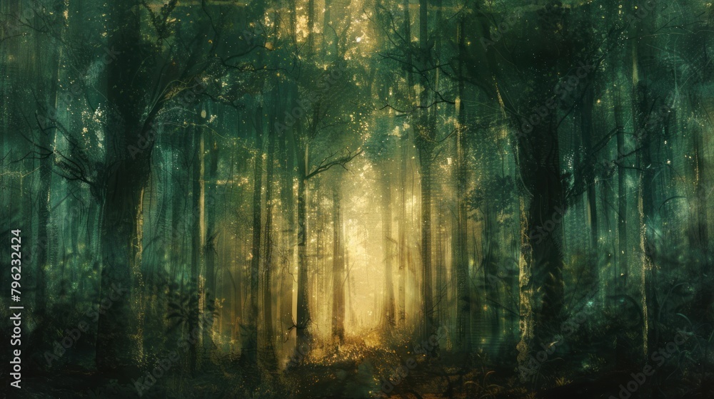 Obraz premium An abstract depiction of a forest with towering tree shapes using a palette of deep greens and earthy browns