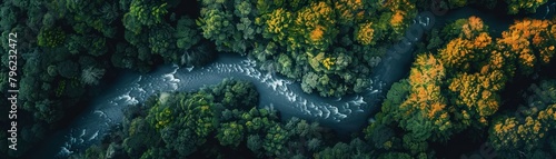 Aerial view of a river flowing through a forest abstracted into a fluid photo