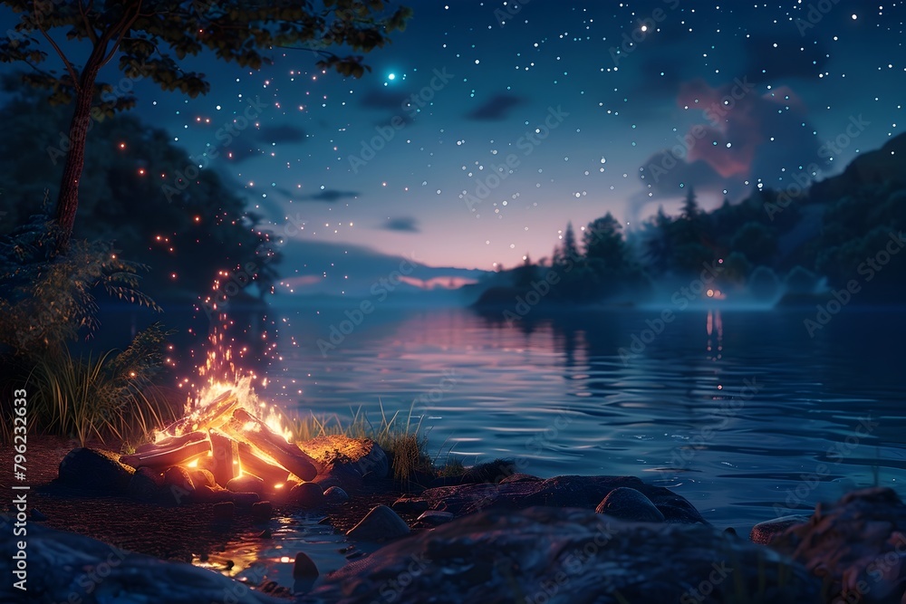 Glowing Campfire Beneath a Starry Nightscape Reflecting on a Serene Lake Surrounded by Towering Pines