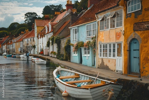 Charming Coastal Village with Colorful Buildings and Boats Docked by the Water