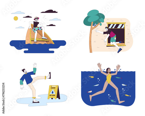 Multiracial people in dangerous situations line cartoon flat illustration set. People in troubles 2D lineart characters isolated on white background. Accidents scene vector color image collection