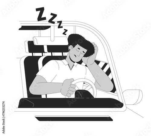 Latin man falling asleep while driving black and white cartoon flat illustration. Tired hispanic male driver 2D lineart character isolated. Accident monochrome scene vector outline image