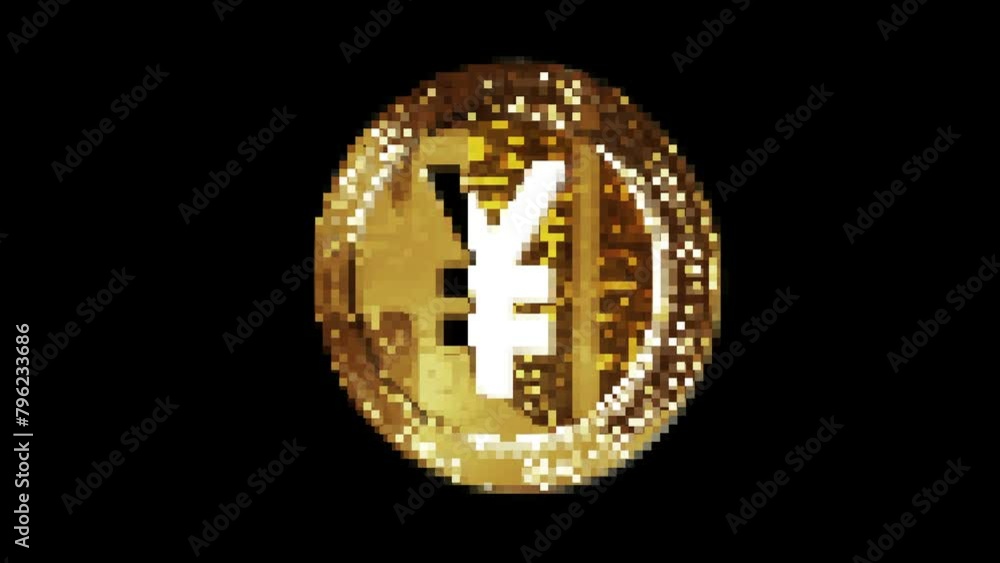 Yen Yuan cryptocurrency gold coin in retro pixel mosaic 80s style. Rotating golden metal looping abstract concept. 3D loop seamless loopable.