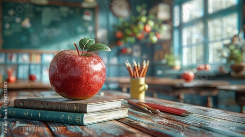 3D rendering of an apple on top of some books